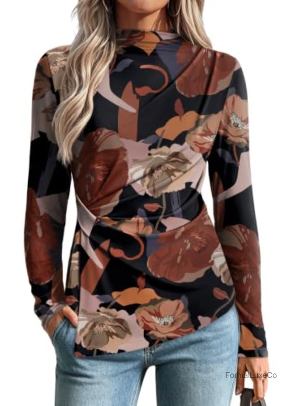 Long Sleeve Mock Neck Peplum Blouse Ruched Waist Business Casual Top